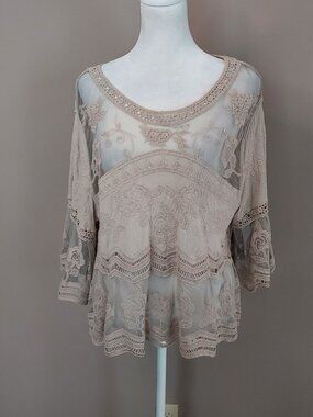 Rebellion Beige Embroidered Lace Bell Sleeve Boho Blouse Size Large